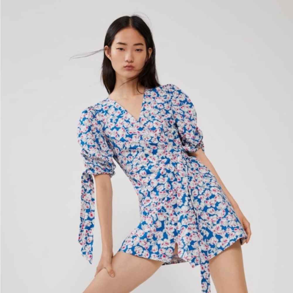 ZARA Poplin Floral Puffy Sleeve Floral Wrap Dress‎ Sz L